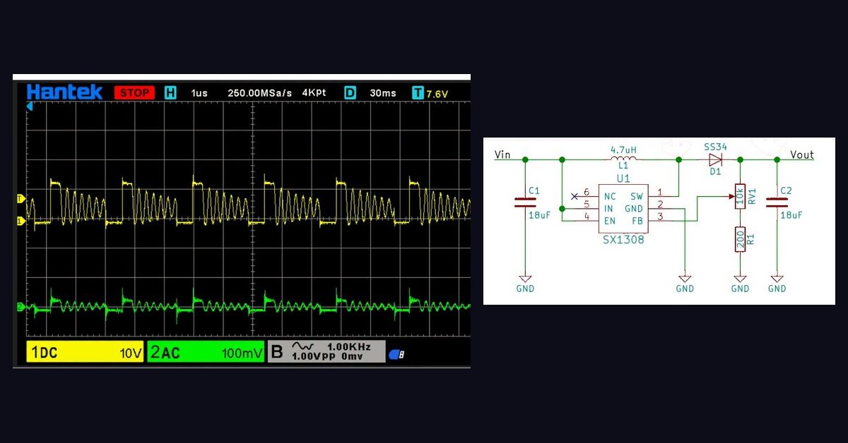 Oscilloscope trace of the PHYLAX boost converter beside its schematic