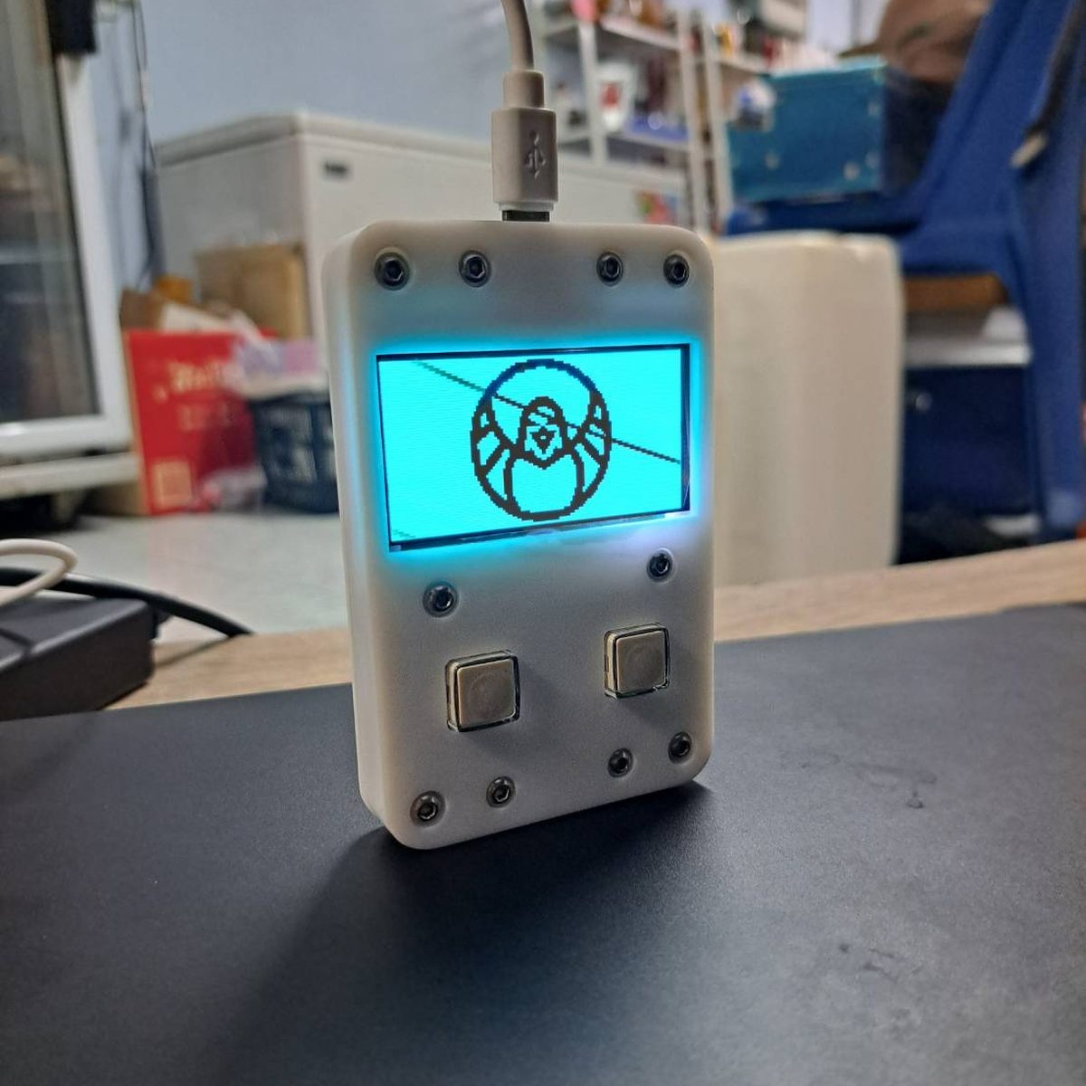 The PHYLAX hardware wallet prototype in a translucent white case, its OLED screen lit cyan with the Phi hawk emblem, two buttons below it and a USB cable entering the top