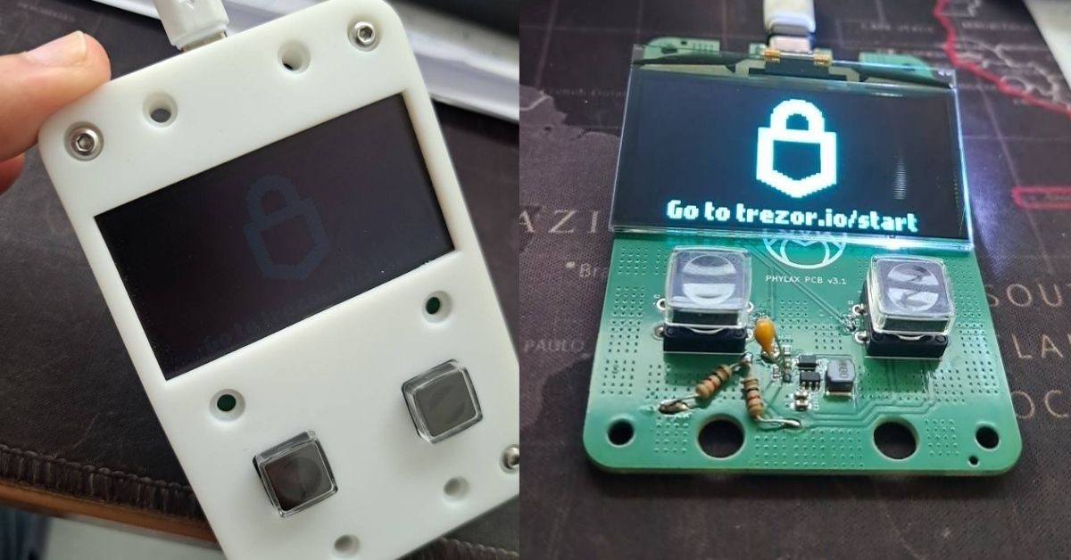 The PHYLAX display before and after the +12V boost — dim and washed out in the case on the left, bright and legible on the bare v3.1 board on the right