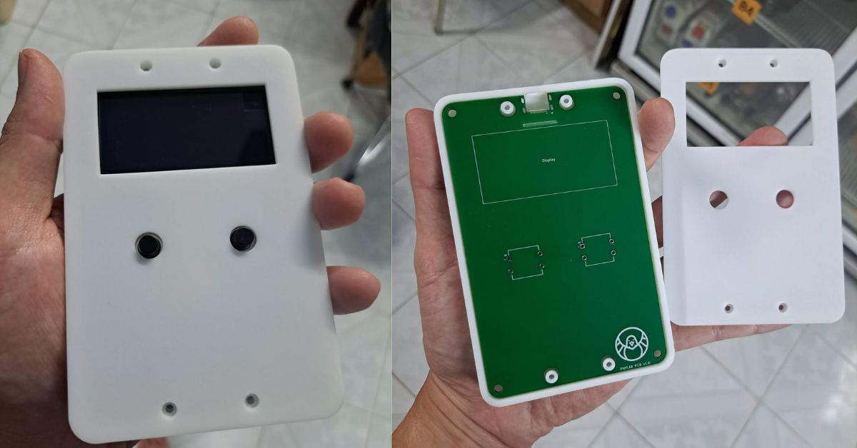 The first 3D-printed PHYLAX case mock-up held in hand — front with screen and two buttons, and the PCB with the front bezel