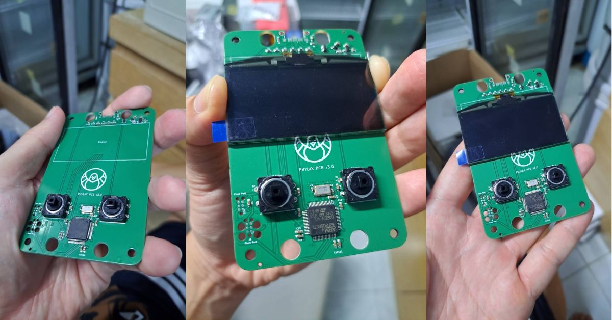 PHYLAX PCB v3.0 with the OLED mounted
