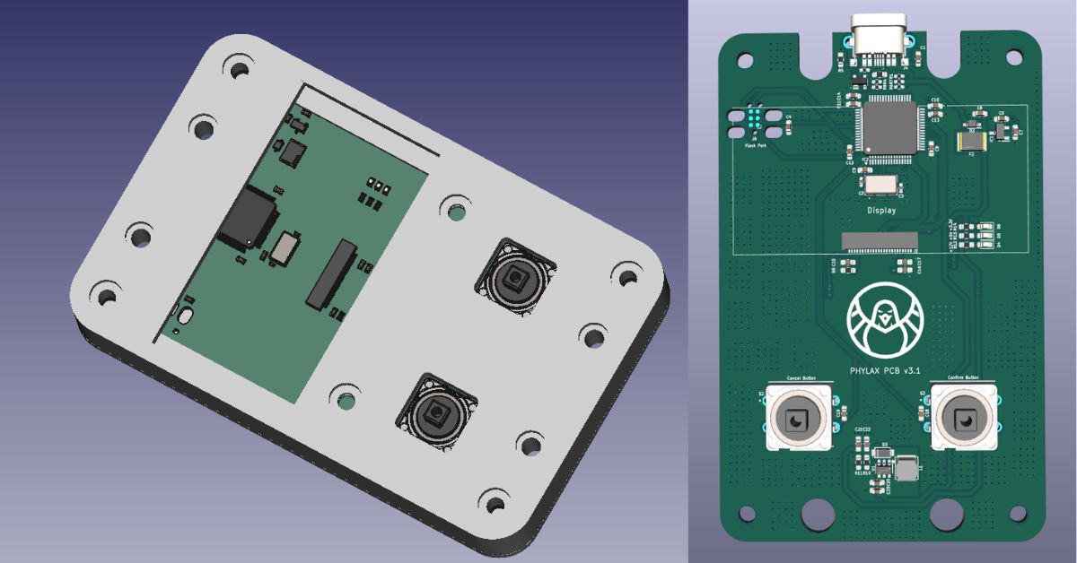 The reworked PHYLAX board with the controller beside the USB-C port and the display connector moved to the top