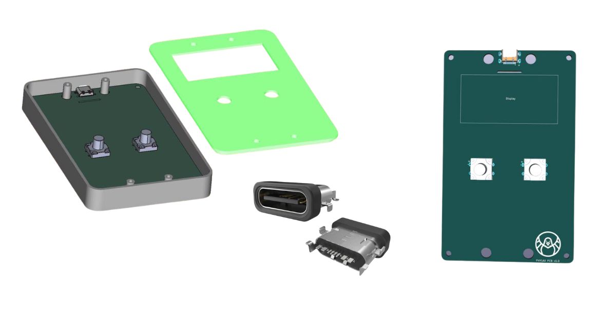 PHYLAX exploded view — case, PCB with two buttons and a display, and the USB-C connector
