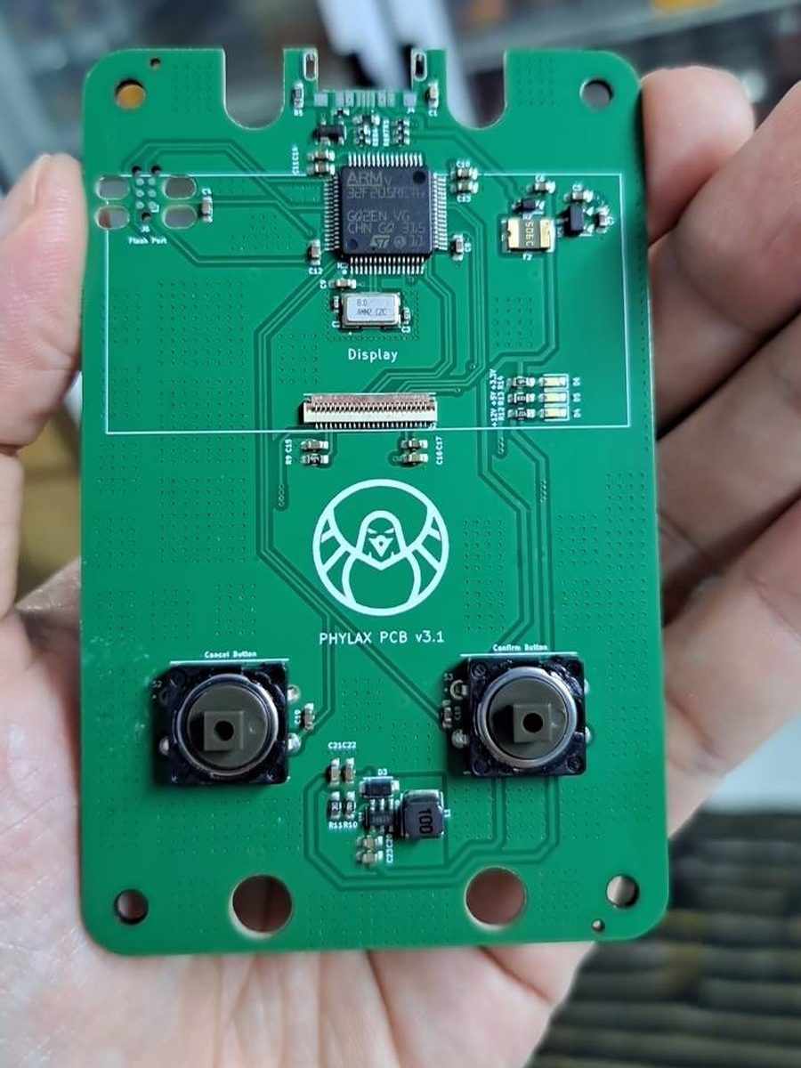PHYLAX PCB v3.1 held in one hand, showing the STM32F205RET6 microcontroller, the 8 MHz crystal, the display connector and the two tactile buttons